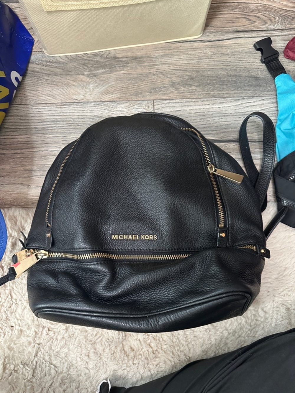 MICHAEL KORS Black Pebbled Leather Backpack with Gold Hardware